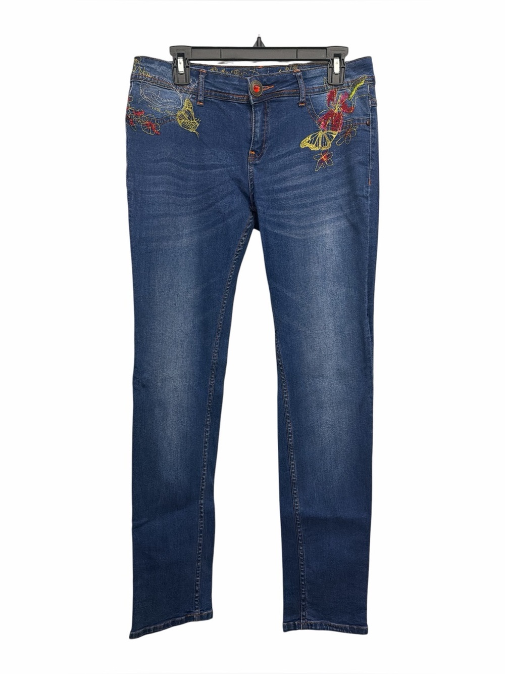 Desigual Jeans Size 32 Embroidered Floral Butterfly Tapered Y2K Boho Aloha Slim